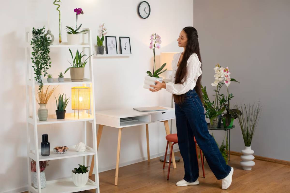 A woman in a home office caring for plants on a shelving unit next to a white desk.