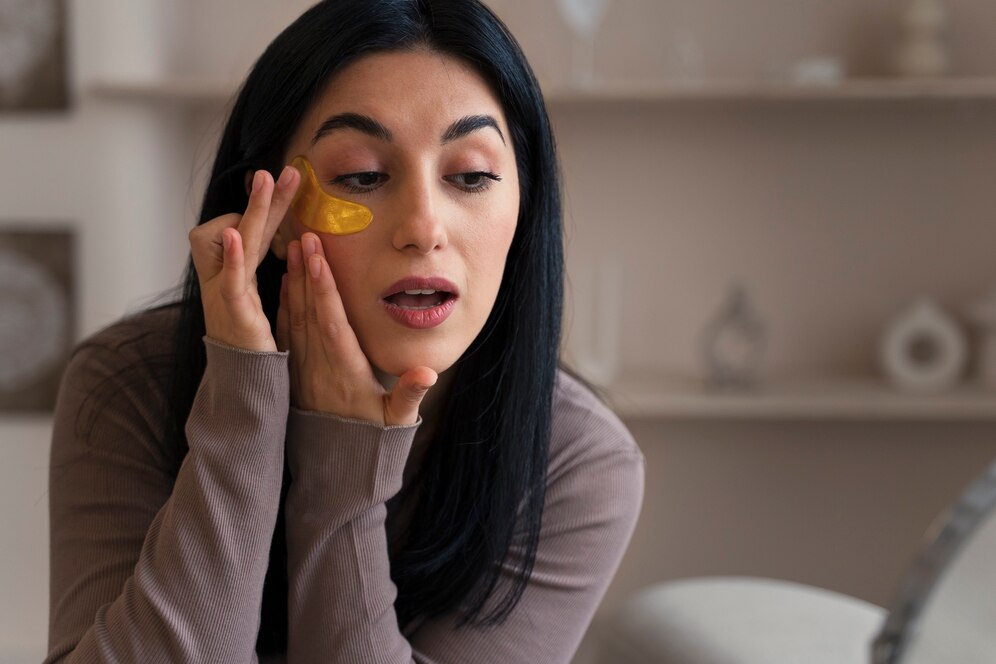 Woman applying gold under-eye patches while looking in mirror, sitting indoors.