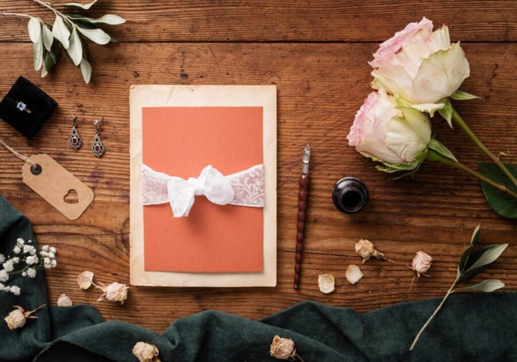 Elegant wedding invitations with floral designs and wax seal on a silver tray, accompanied by pink roses and scattered petals.