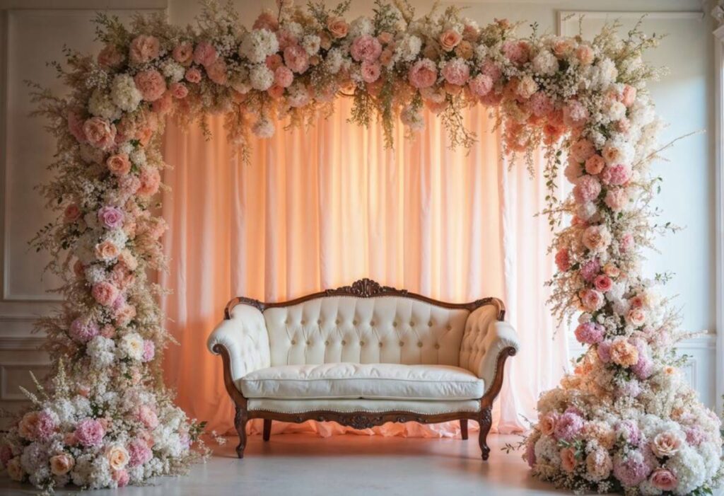 Elegant floral arch with pink and white flowers framing a vintage white sofa, set against a softly lit peach curtain background.