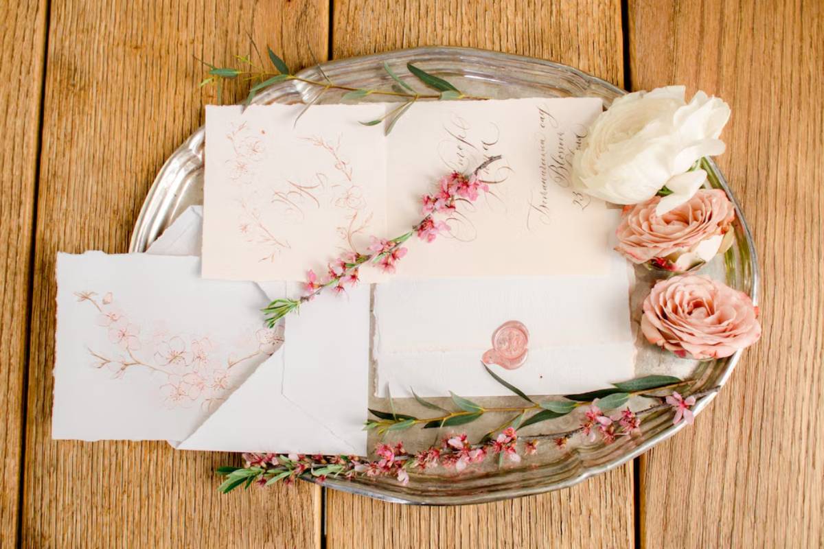 Elegant wedding invitations with floral designs and wax seal on a silver tray, accompanied by pink roses and scattered petals.