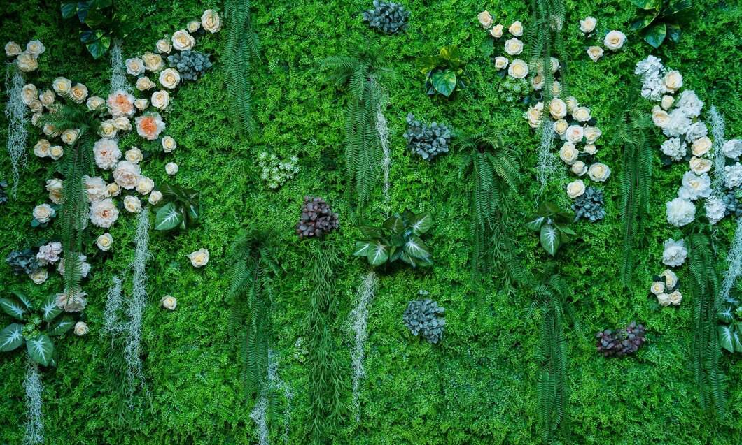 A lush green vertical garden decorated with various ferns, moss, and clusters of white and pale pink roses.