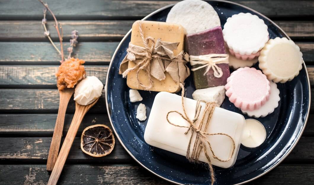 Assorted handmade soaps decorated with natural twine on a rustic wooden background, alongside dried citrus and wooden spoons with creams.