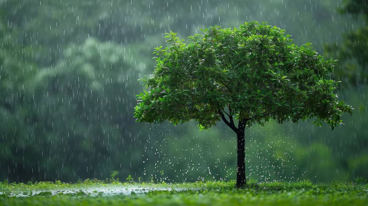 A lone tree stands lush and green under a heavy rain shower, surrounded by a misty, blurred green background.