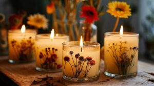 Lit candles in clear glass jars with dried flower decorations on a rustic table, creating a warm, cozy ambiance.