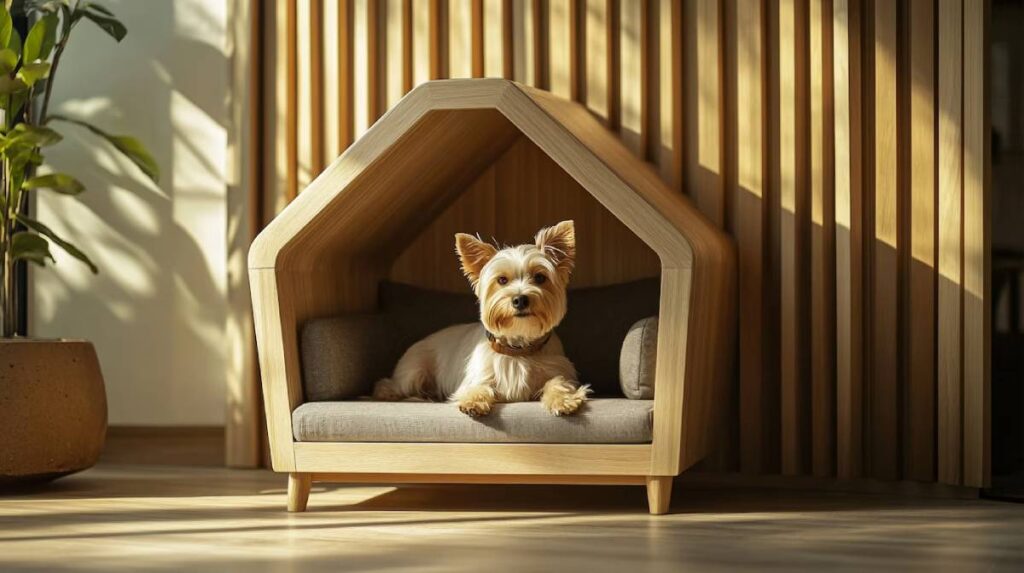 A small dog sits inside a house-shaped wooden dog bed in a sunny room with vertical blinds and a potted plant.