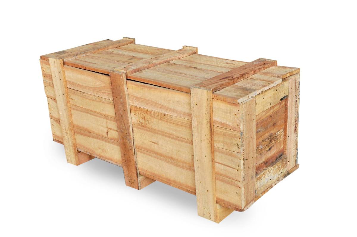 Large wooden crate with visible nails and slats, isolated on a white background.