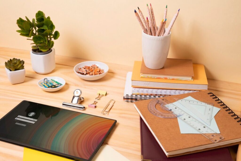 A neatly organized desk with stationery, books, and plants.