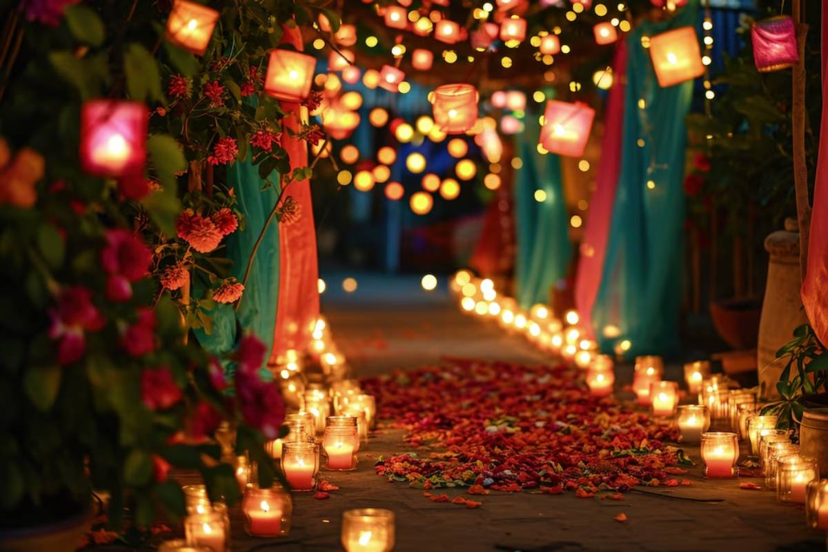 Decorative lanterns and floral arrangements hanging from a wooden beam in a forest setting with fairy lights at dusk.